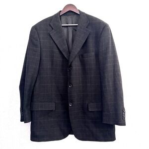 Harold Powell Windowpane Deep Dark Brown Blazer Men's Size 43L 100% Lambswool
